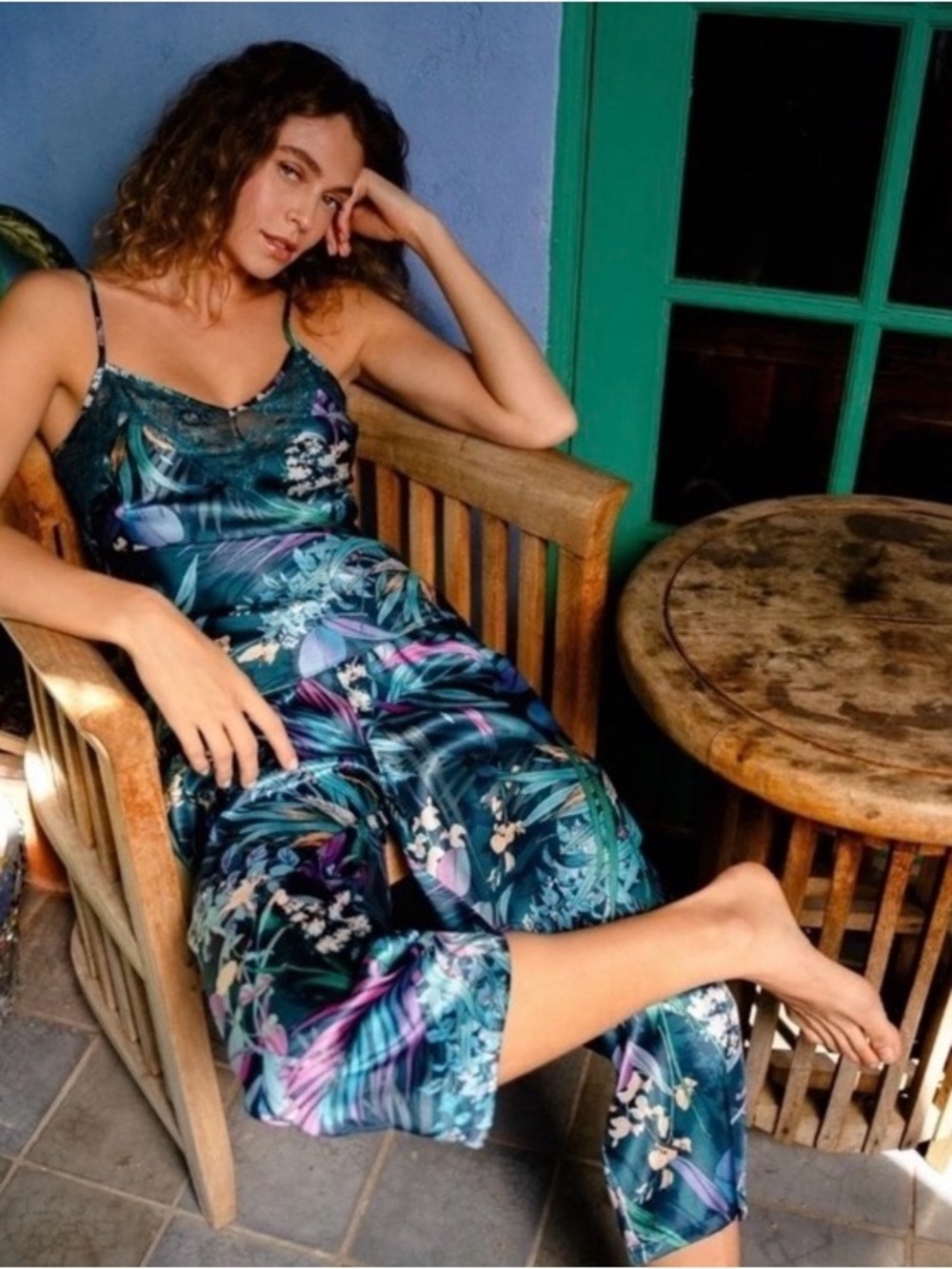 Linea Donatella Sz S Teal Floral Satin Pajama Cami Pants 2 Piece Lounge Set